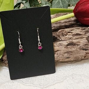 Elegant Silver Toned Dangle Drop Earrings With Fuscia Rhinestone